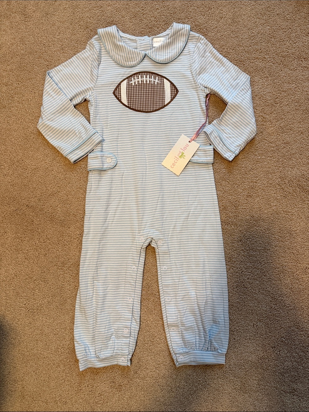Cecile & Lou Light Blue Striped Football Appliqué Overalls